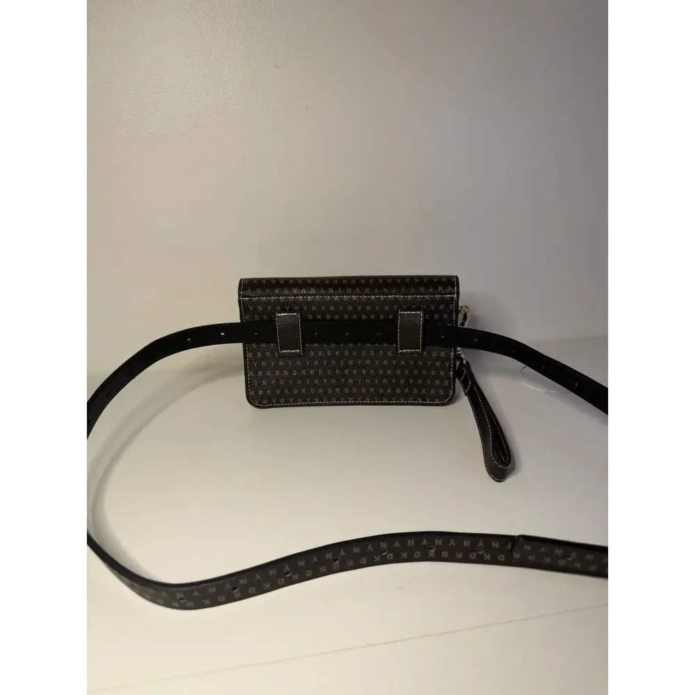 DKNY Convertible Belt Bag Wristlet Pouch Brown Monogram Logo Fanny Pack Clutch